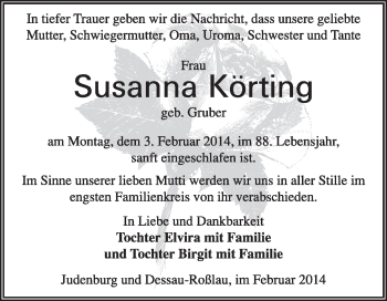 Traueranzeige von Susanna Körting von Super Sonntag Dessau / Köthen