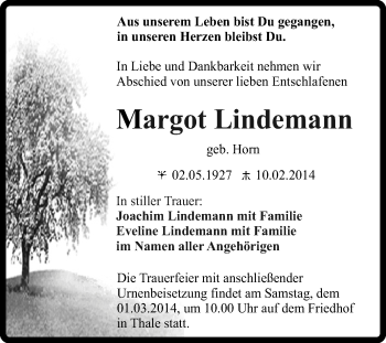 Traueranzeige von Margot Lindemann von Super Sonntag Quedlinburg