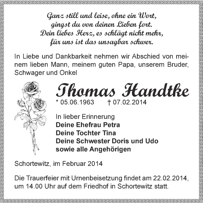  Traueranzeige für Thomas Handtke vom 19.02.2014 aus WVG - Wochenspiegel Dessau / Köthen