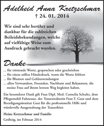 Traueranzeige von Adelheid Anna Kretzschmar von WVG - Wochenspiegel Dessau / Köthen