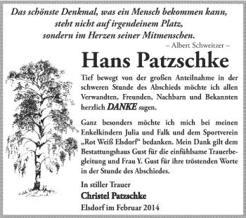 Traueranzeige von Hans Patzschke von WVG - Wochenspiegel Dessau / Köthen
