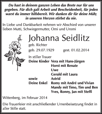 Traueranzeige von Johanna Seidlitz von WVG - Wochenspiegel Wittenberg