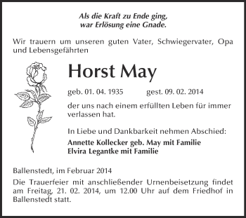 Traueranzeige von Horst May von WVG - Wochenspiegel Quedlinburg