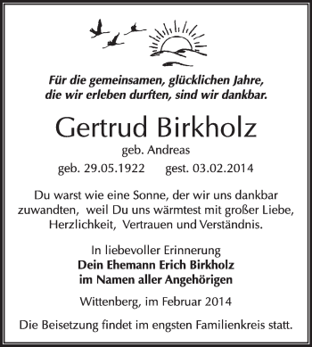 Traueranzeige von Gertrud Birkholz von WVG - Wochenspiegel Wittenberg