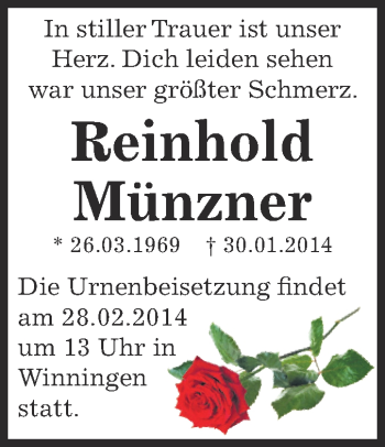 Traueranzeige von Reinhold Münzner von WVG - Wochenspiegel Aschersleben