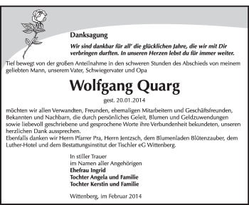 Traueranzeige von Wolfgang Quarg von WVG - Wochenspiegel Wittenberg