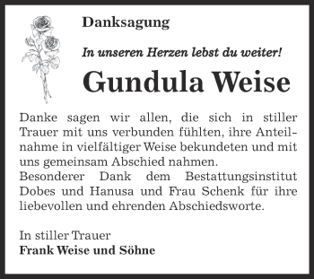 Traueranzeige von Gundula Weise von Super Sonntag Bernburg