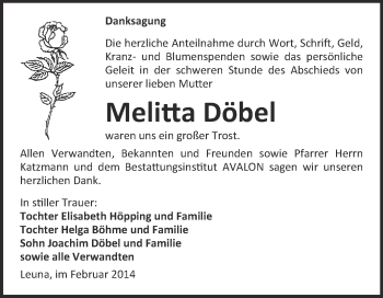 Traueranzeige von Melitta Döbel von WVG - Wochenspiegel Merseburg