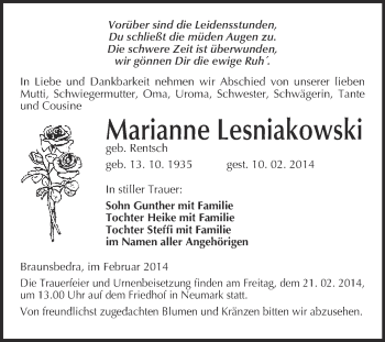 Traueranzeige von Marianne Lesniakowski von WVG - Wochenspiegel Merseburg