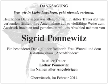 Traueranzeige von Sigrid Ponnewitz von WVG - Wochenspiegel Merseburg