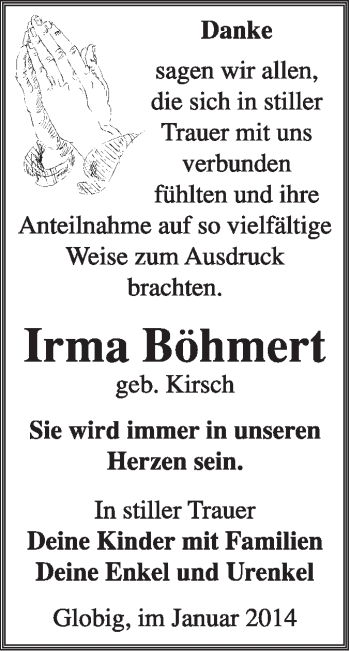 Traueranzeige von Irma Böhmert von Super Sonntag Wittenberg