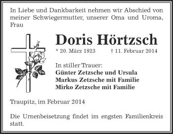 Traueranzeige von Doris Hörtzsch von Super Sonntag Zeitz