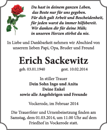 Traueranzeige von Erich Sackewitz von Super Sonntag Wittenberg