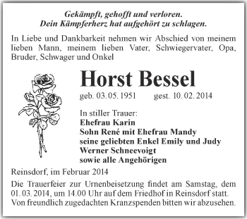Traueranzeige von Horst Bessel von WVG - Wochenspiegel Merseburg
