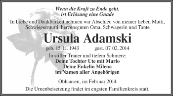 Traueranzeige von Ursula Adamski von WVG - Wochenspiegel Merseburg