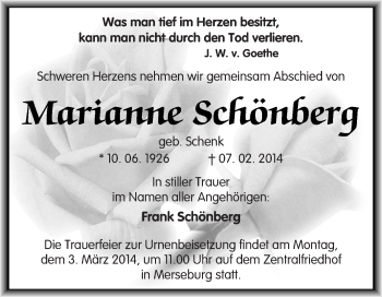 Traueranzeige von Marianne Schönberg von WVG - Wochenspiegel Merseburg