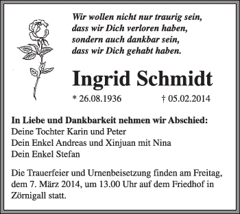 Traueranzeige von Ingrid Schmidt von WVG - Wochenspiegel Wittenberg