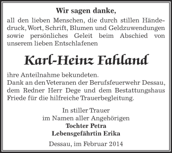 Traueranzeige von Karl-Heinz Fahland von WVG - Wochenspiegel Dessau / Köthen