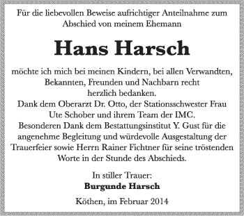 Traueranzeige von Hans Harsch von Super Sonntag Dessau / Köthen