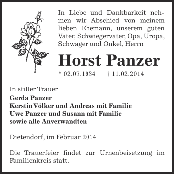 Traueranzeige von Horst Panzer von Super Sonntag Zeitz