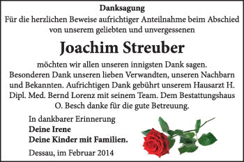 Traueranzeige von Joachim Streuber von Super Sonntag Dessau / Köthen