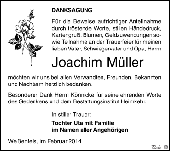 Traueranzeige von Joachim Müller von WVG - Wochenspiegel NMB / WSF / ZTZ