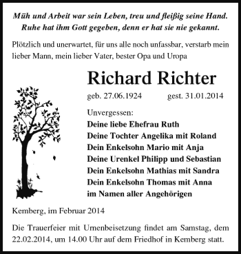 Traueranzeige von Richard Richter von Super Sonntag Wittenberg