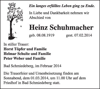 Traueranzeige von Heinz Schuhmacher von WVG - Wochenspiegel Wittenberg