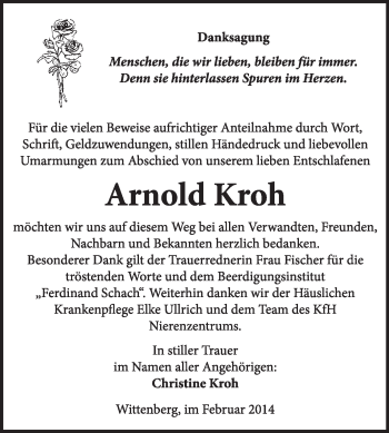Traueranzeige von Arnold Kroh von WVG - Wochenspiegel Wittenberg
