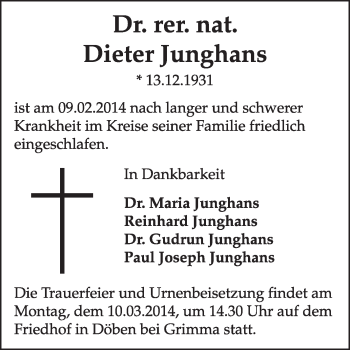 Traueranzeige von Dieter Junghans von Super Sonntag Dessau / Köthen