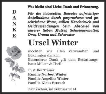 Traueranzeige von Ursel Winter von Super Sonntag Zeitz