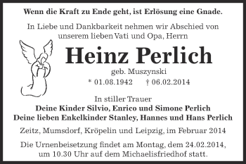 Traueranzeige von Heinz Perlich von Super Sonntag Zeitz