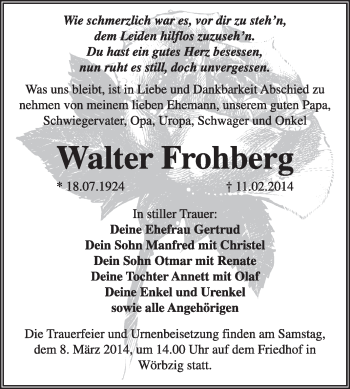 Traueranzeige von Walter Frohberg von Super Sonntag Dessau / Köthen