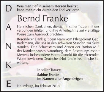 Traueranzeige von Bernd Franke von WVG - Wochenspiegel NMB / WSF / ZTZ