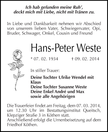 Traueranzeige von Hans-Peter Weste von WVG - Wochenspiegel Dessau / Köthen
