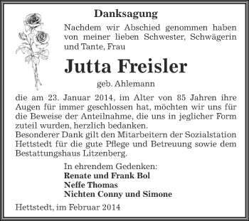 Traueranzeige von Jutta Freisler von Wochenspiegel Mansfelder Land