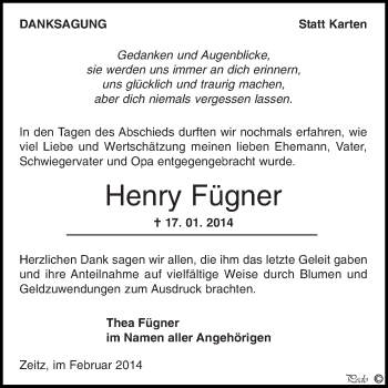 Traueranzeige von Henry Fügner von Super Sonntag Zeitz