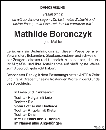 Traueranzeige von Mathilde Boronczyk von Super Sonntag Zeitz