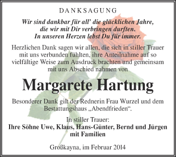Traueranzeige von Margarete Hartung von WVG - Wochenspiegel Merseburg