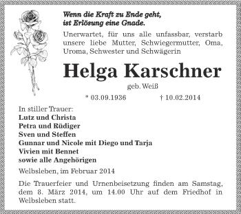 Traueranzeige von Helga Karschner von Wochenspiegel Mansfelder Land