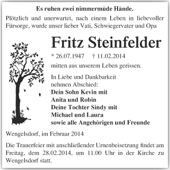 Traueranzeige von Fritz Steinfelder von Super Sonntag Merseburg