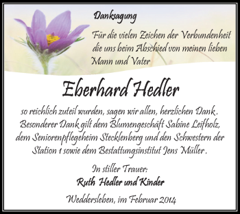 Traueranzeige von Eberhard Hedler von Super Sonntag Aschersleben