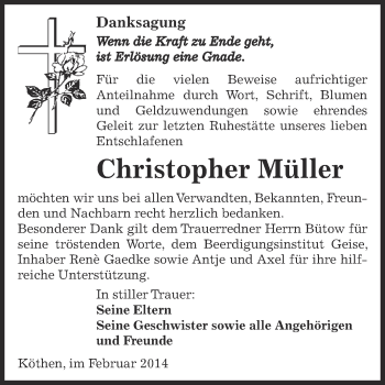 Traueranzeige von Christopher Müller von WVG - Wochenspiegel Dessau / Köthen