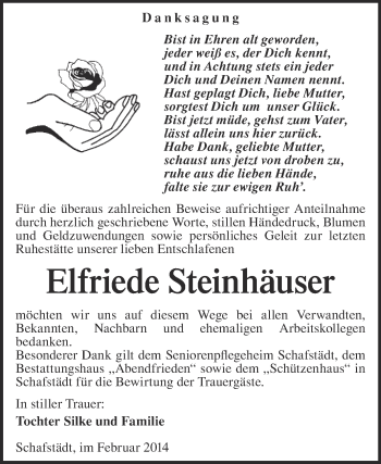 Traueranzeige von Elfriede Steinhäuser von WVG - Wochenspiegel Merseburg