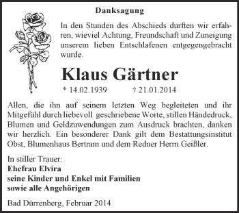 Traueranzeige von Klaus Gärtner von Super Sonntag Merseburg