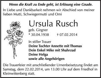 Traueranzeige von Ursula Rusch von WVG - Wochenspiegel Wittenberg