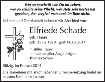Traueranzeige von Elfriede Schade von WVG - Wochenspiegel Wittenberg