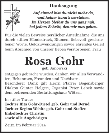 Traueranzeige von Rosa Gohr von Super Sonntag Zeitz