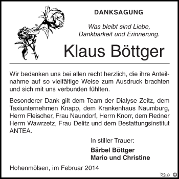 Traueranzeige von Klaus Böttger von Super Sonntag Zeitz