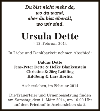 Traueranzeige von Ursula Dette von Super Sonntag Aschersleben